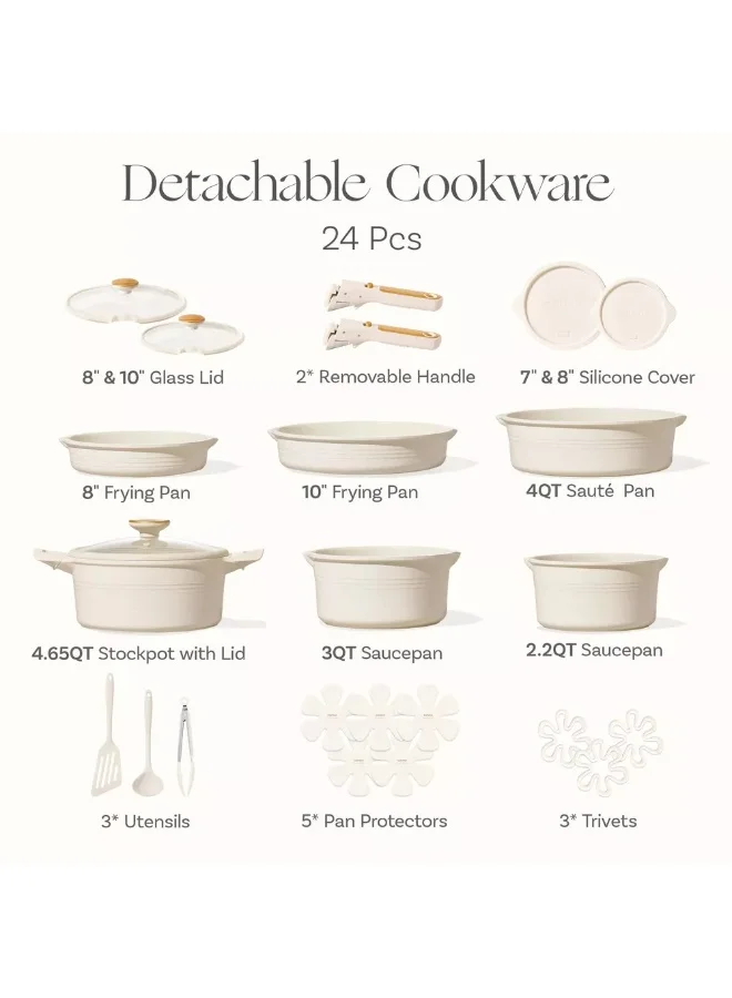 كاروت طقم أواني كاروت 24 قطعة غير لاصق بمقابض قابلة للفصل، تصميم قابل للتكديس من ألومنيوم صحي خالٍ من PFOA، مزود بفتحات صب، متوافق مع جميع المواقد وآمن لغسالة الصحون (أبيض)